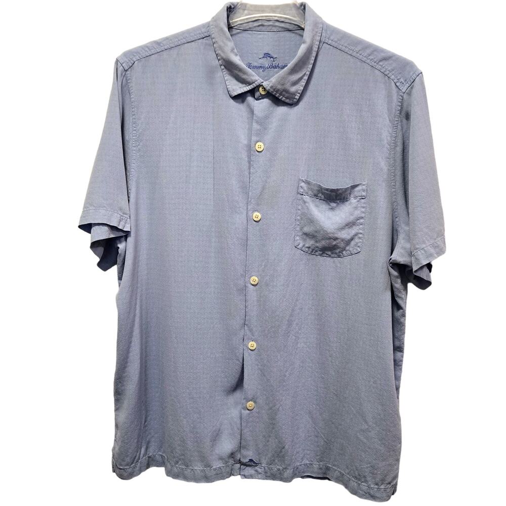 Tommy Bahama Men's XXL Blue Short-Sleeved Button-Up Collared 100% Silk Shirt